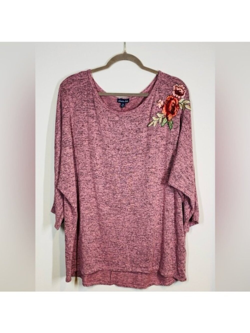 Rose Colored Knit Top with Embroidered Floral Shoulder 2X Olivia Blu